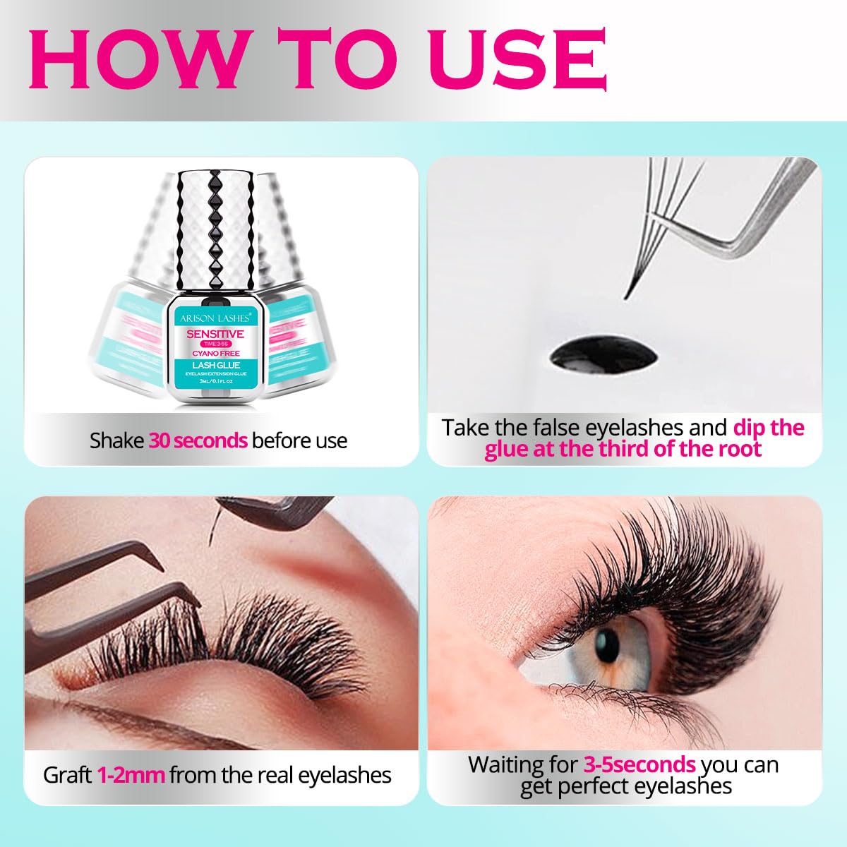 Easy-to-use ARISON LASHES glue drop shown for both beginners and professionals.