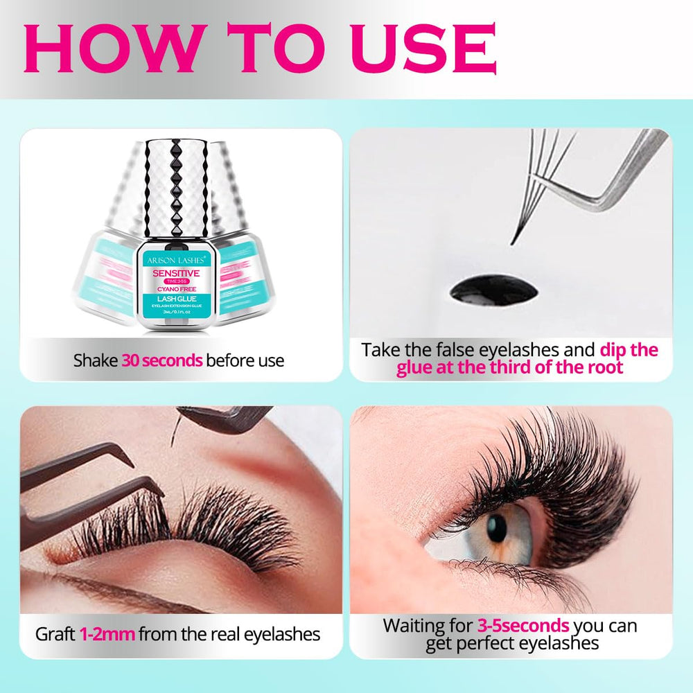 Easy-to-use ARISON LASHES glue drop shown for both beginners and professionals.