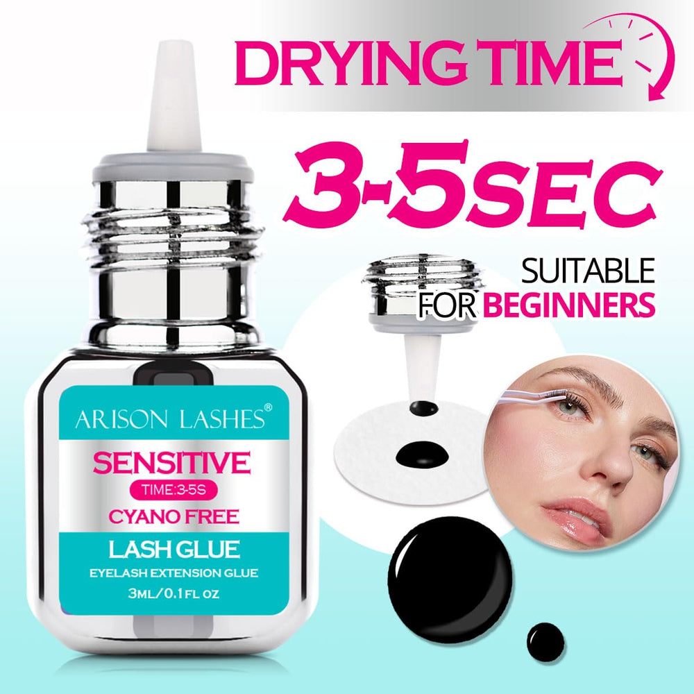 Close-up of ARISON LASHES glue with drying time emphasis demonstrates 3-4 seconds quick set.