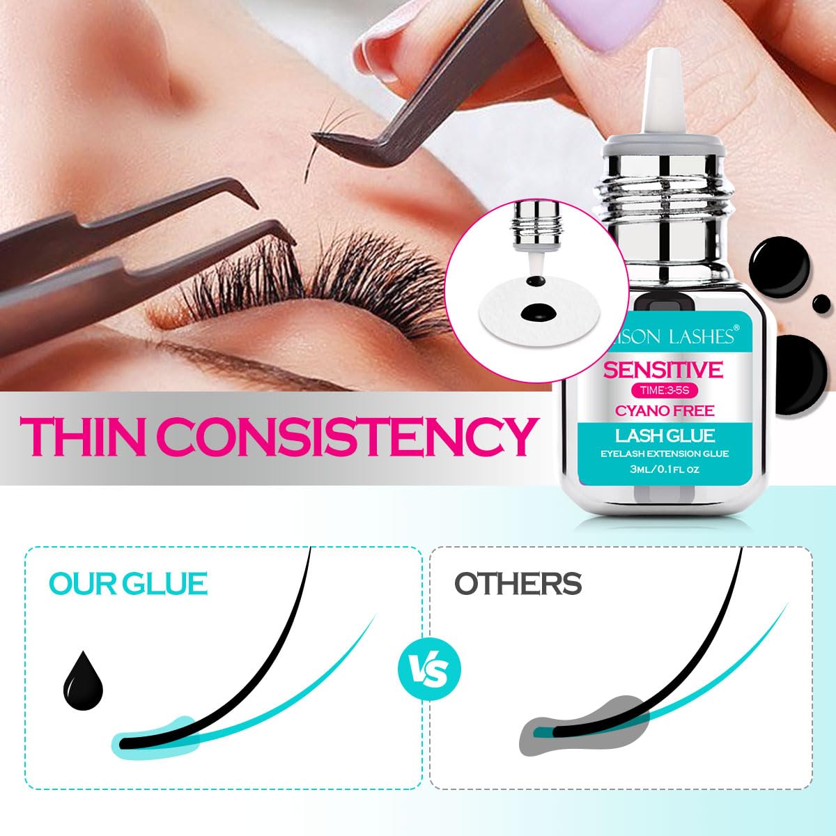 Strong bonding ARISON LASHES glue visually communicates a reliable lash extension hold.