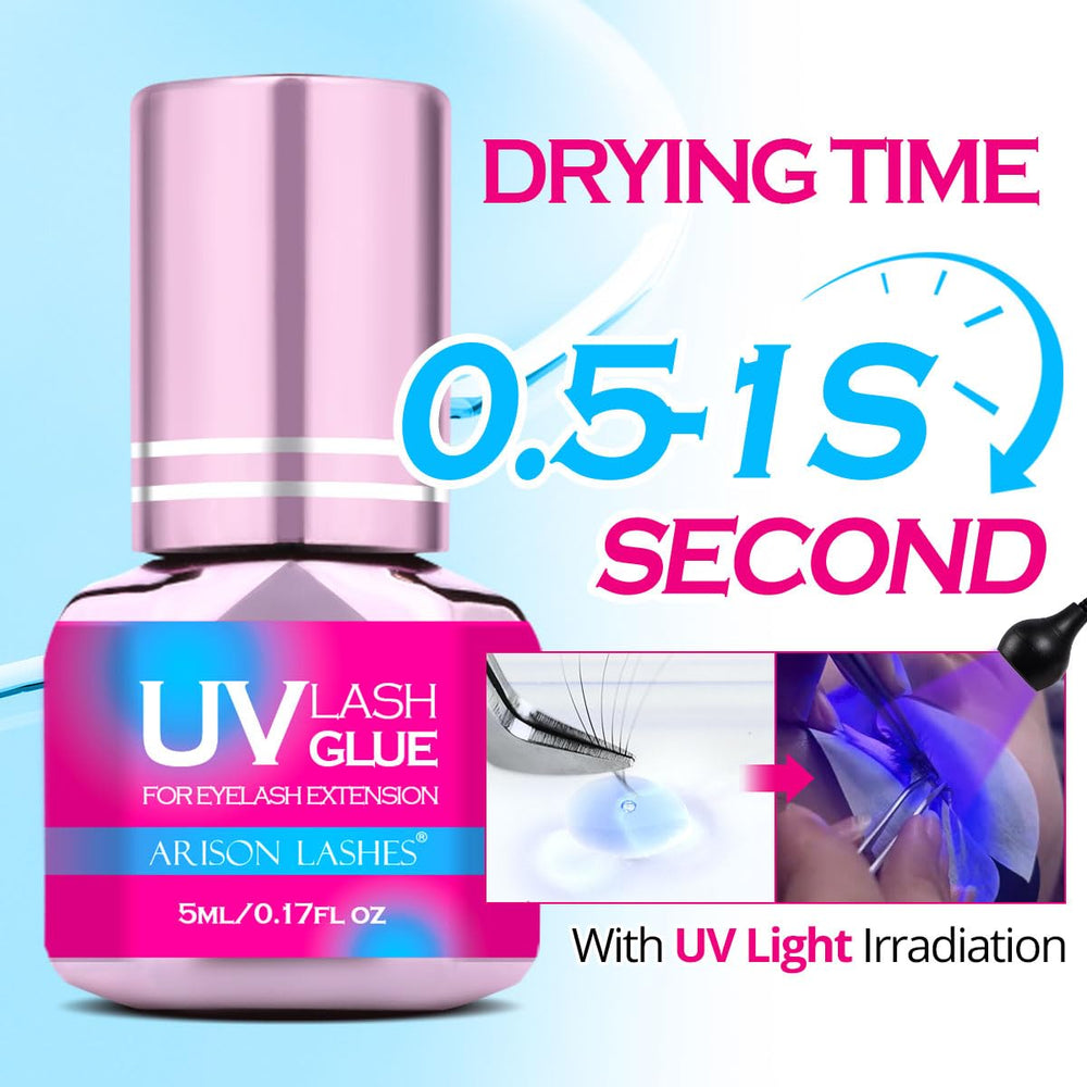ARISON LASHES UV glue blue label on bottle for professional-grade lash extensions.