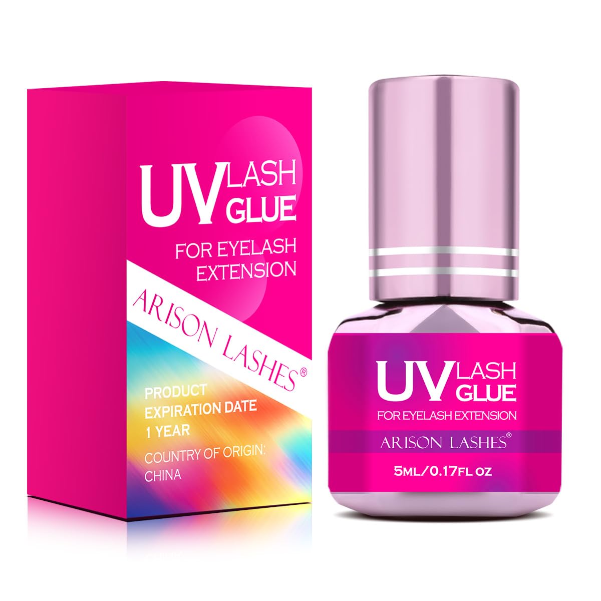 ARISON LASHES UV glue bottle under UV light for fast lash extension bonding.