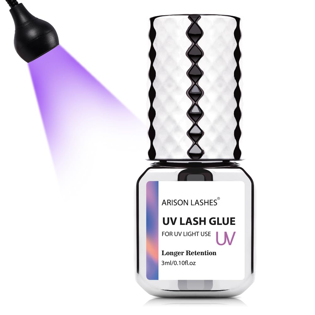 ARISON LASHES UV glue bottle under UV light enables quick, strong lash extensions.