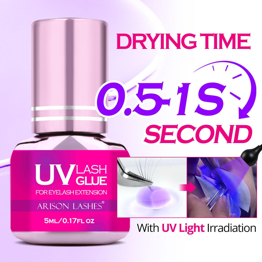 ARISON LASHES UV glue brush applying in a precise lash extension workflow.