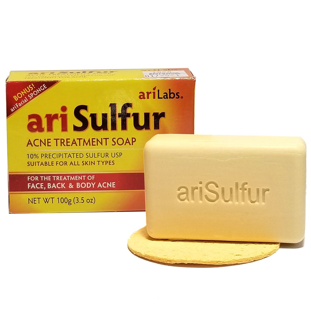 Ari Sulfur acne treatment soap label closeup highlighting active sulfur