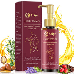 ARIYE Body Firming Oil bottle shown during application for firming hydration