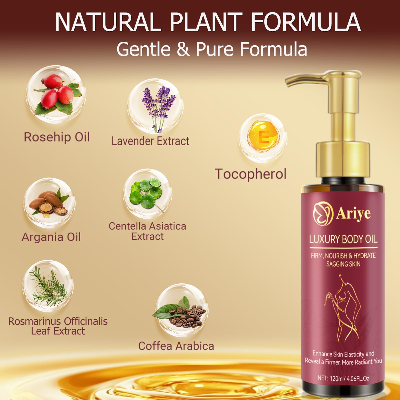 Visible blend of rose hip and coffee oils in ARIYE bottle