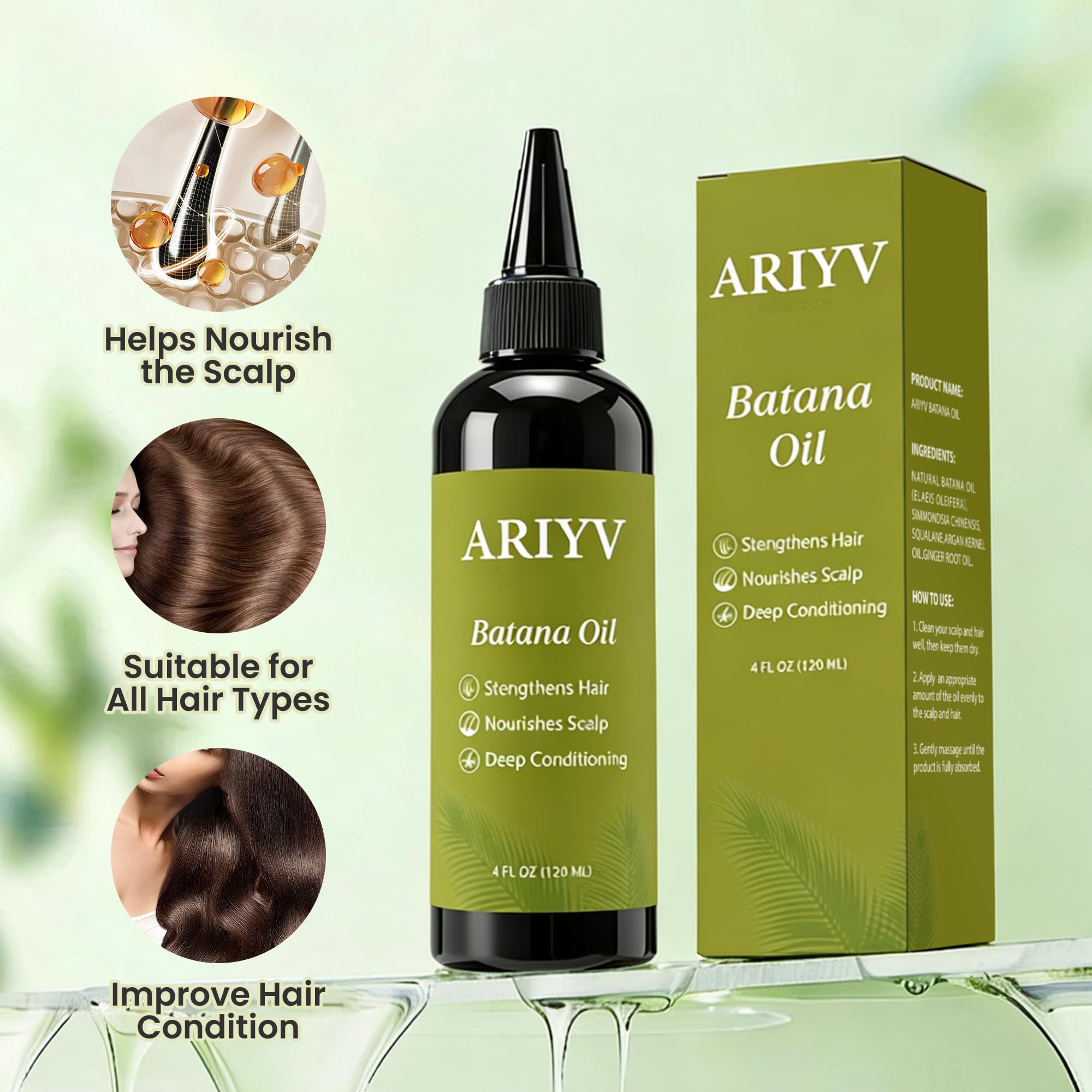 Ariyv Batana Oil on hair lengths shows smoother, thicker-looking strands.
