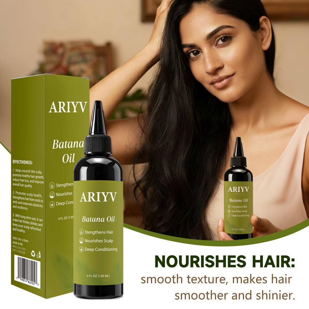 Ariyv Batana Oil hair shine closeup highlights natural luster and softness.