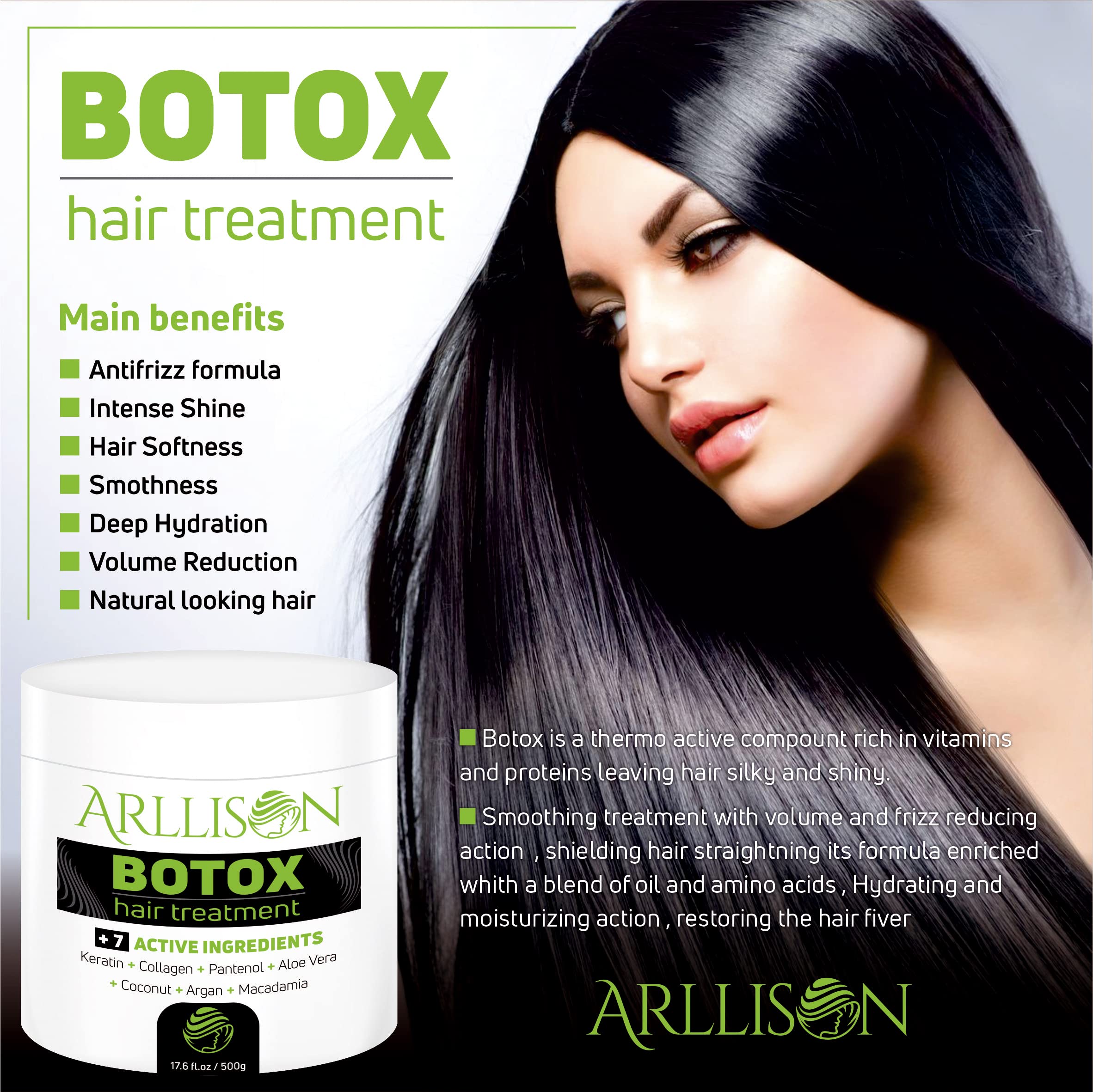 Arllison Botox Hair Treatment reduces frizz for a sleek finish.