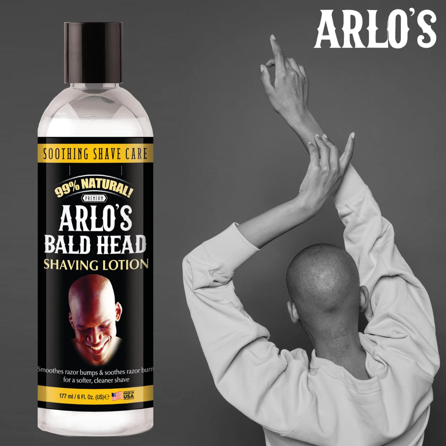 Arlo's Bald Head Shaving Lotion American-made label visible.