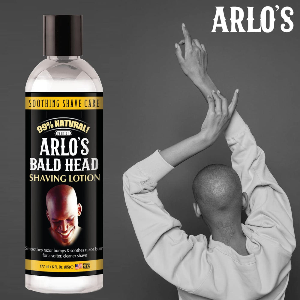 Arlo's Bald Head Shaving Lotion American-made label visible.