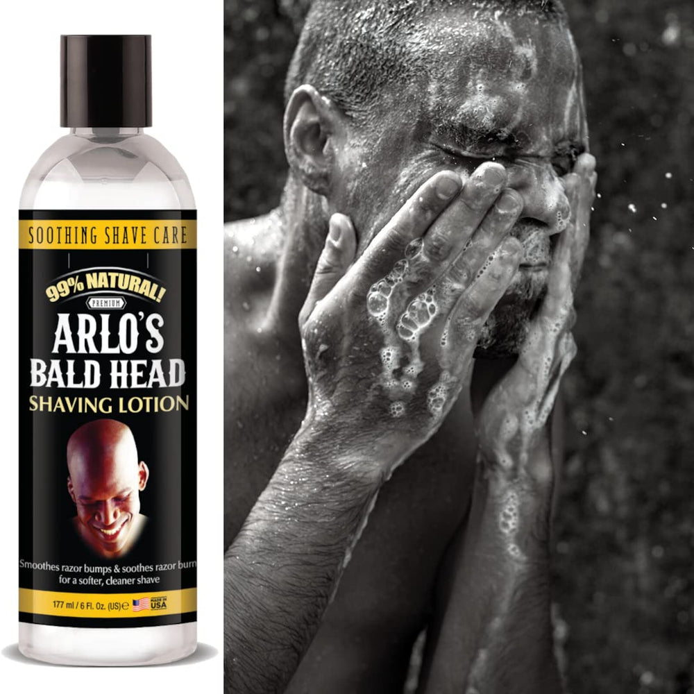 Arlo's Bald Head Shaving Lotion ingredients close-up.