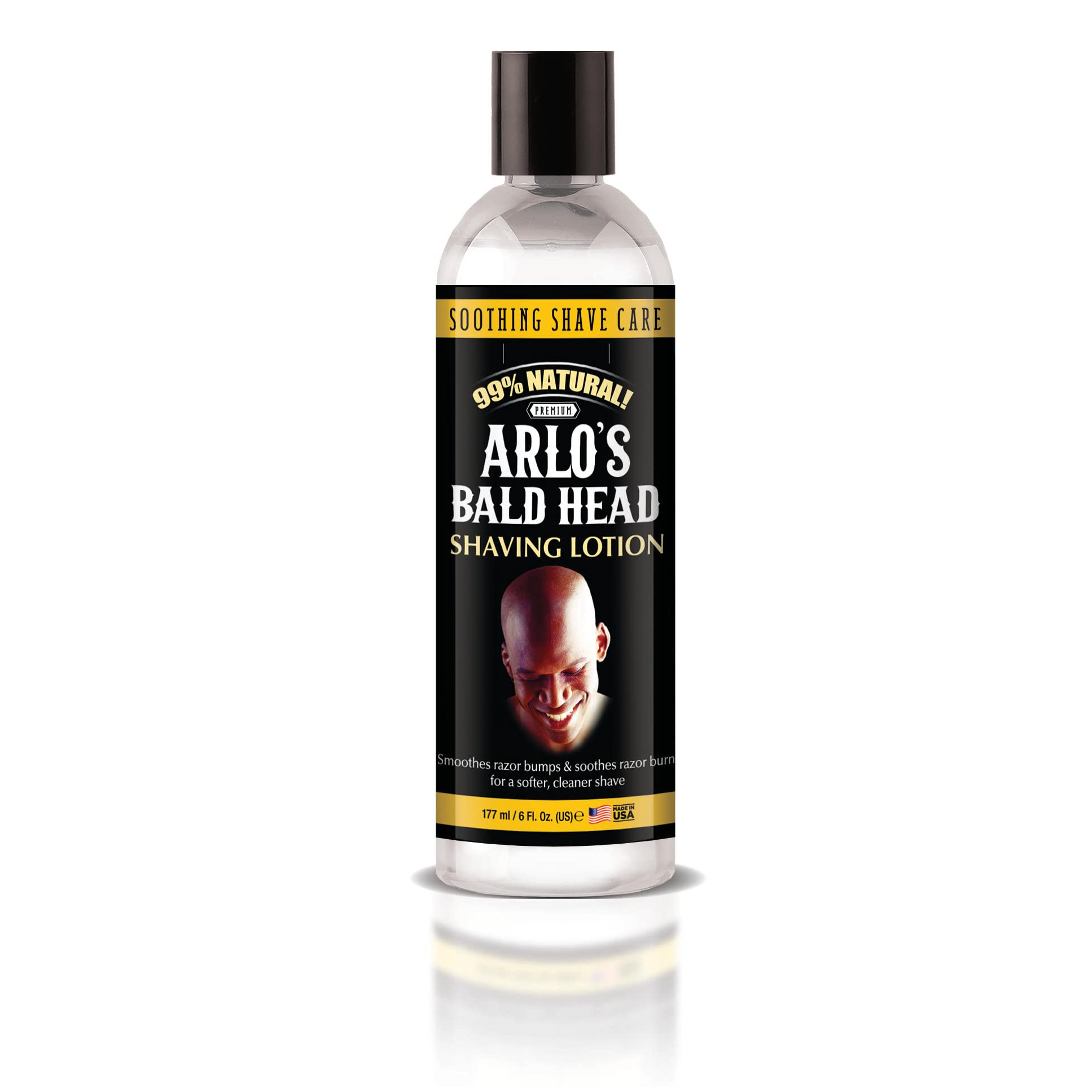 Arlo's Bald Head Shaving Lotion on bathroom shelf display.