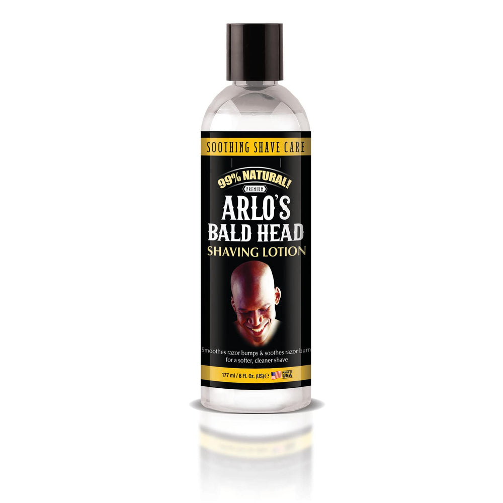 Arlo's Bald Head Shaving Lotion on bathroom shelf display.