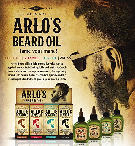 Arlo's beard oil tea tree application helps soften and manage beard texture.
