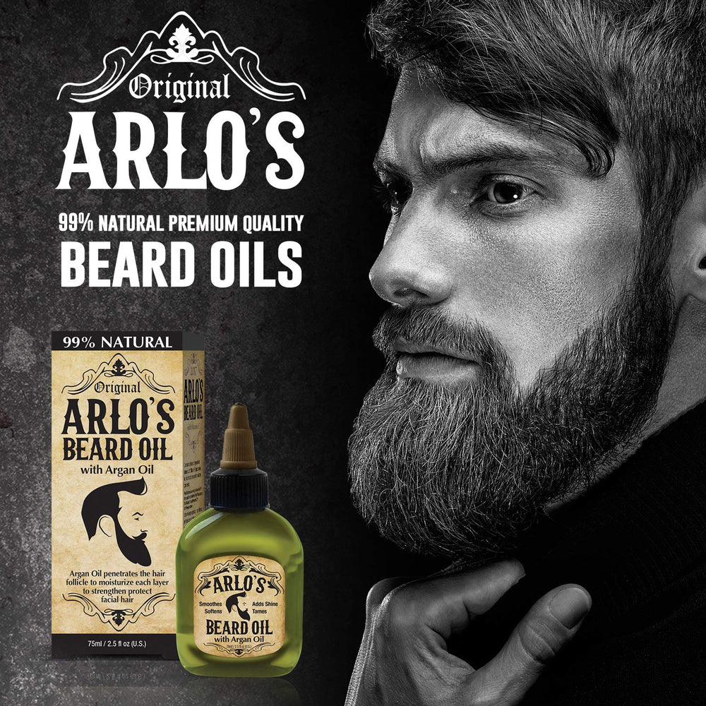 Arlo's beard oil tea tree label closeup highlights premium ingredients.