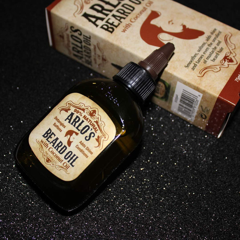 Arlo's beard oil on the shelf signals a ready-to-use grooming routine.