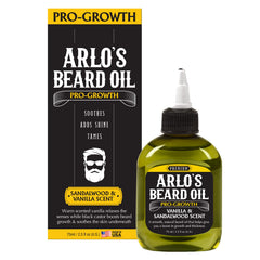 Arlo's Pro Growth Beard Oil bottle with vanilla sandalwood scent for daily use.
