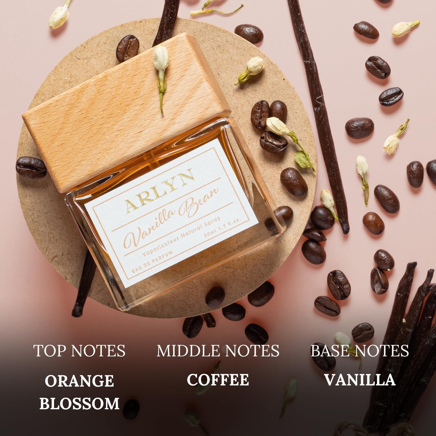 ARLYN Vanilla Bean luxury packaging box sits beside the bottle with elegance.