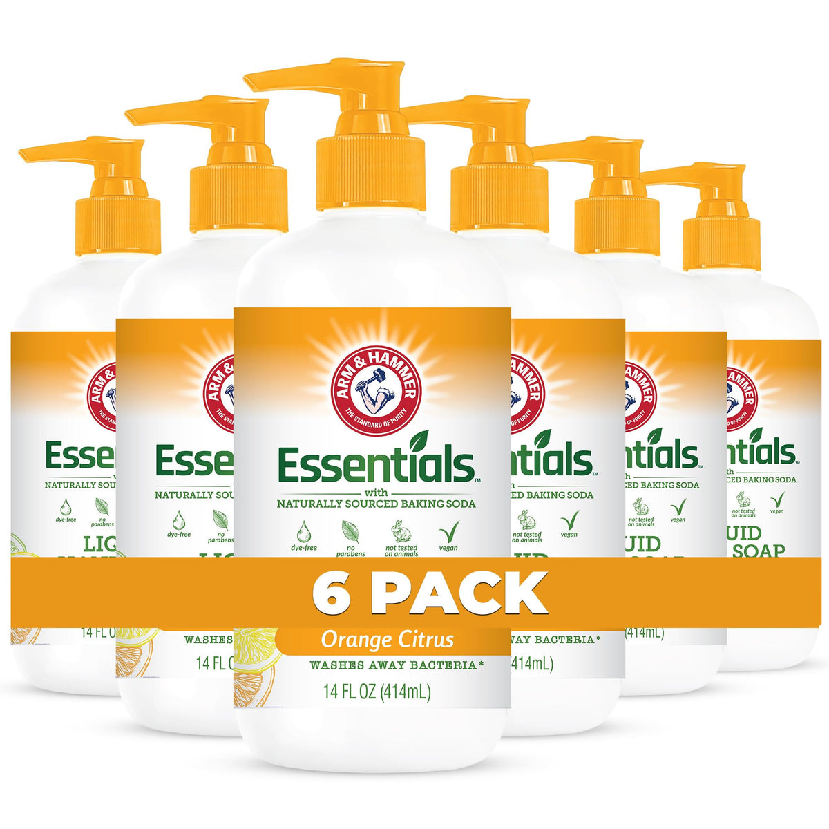 Arm & Hammer 6-pack hand soap bottle front with orange citrus scent for daily cleansing.