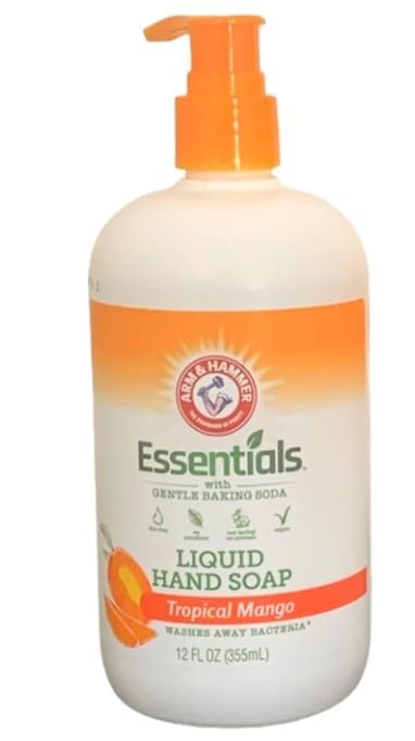 Arm & Hammer Essentials Tropical Mango hand soap bottle, 2-pack, refreshing daily cleansing.