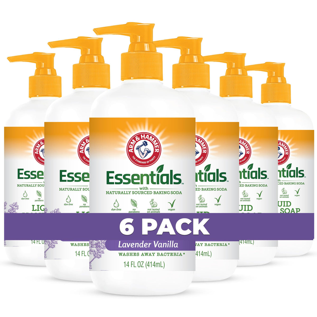 Arm and Hammer lavender vanilla hand soap bottle with calming label.