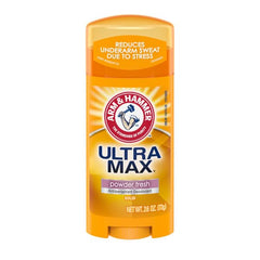 Arm & Hammer Ultramax anti-perspirant solid with Fresh scent keeps underarms dry all day.