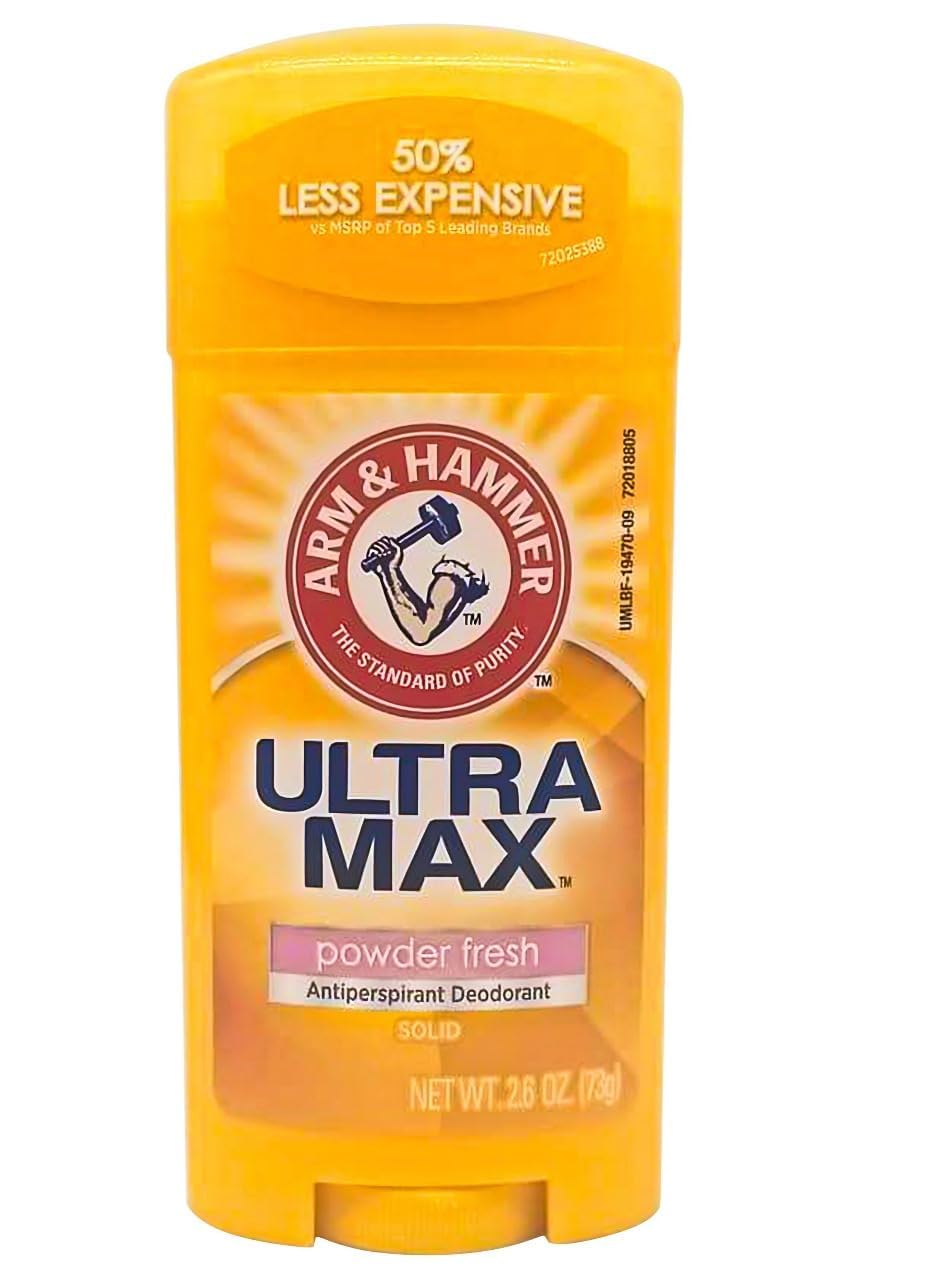 Arm & Hammer Ultramax Invisible Solid bottle with powder-fresh scent, for all-day odor control.