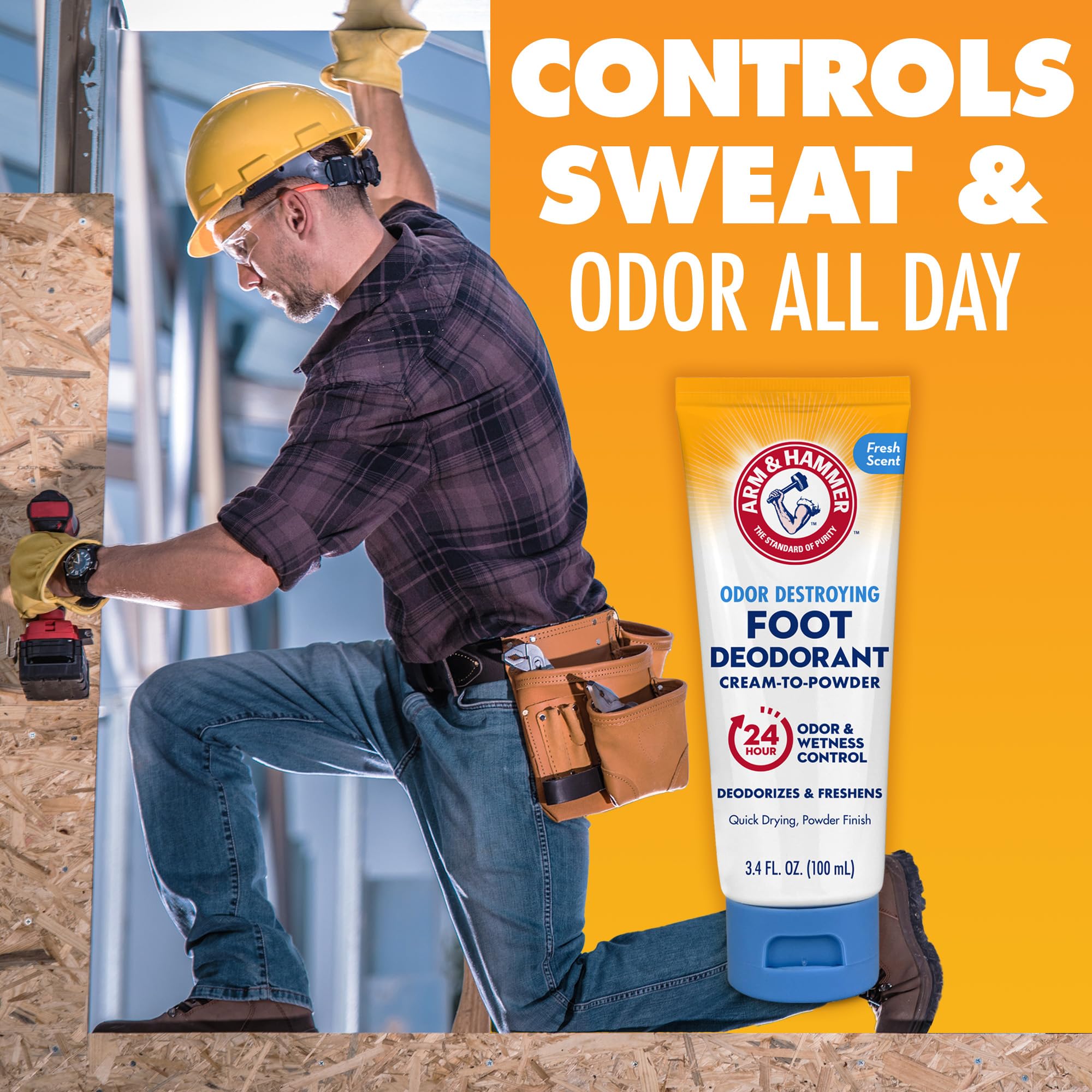 Close-up of Arm & Hammer cream-to-powder deodorant with breathable, light feel.