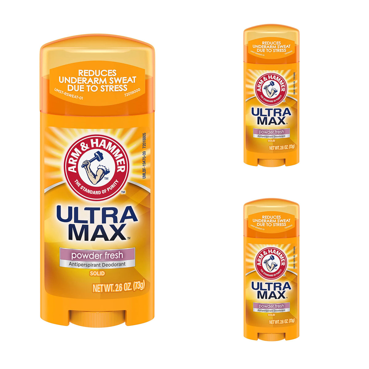 Arm & Hammer deodorant oval solid ultra powder fresh 3-pack for daily moisture control.