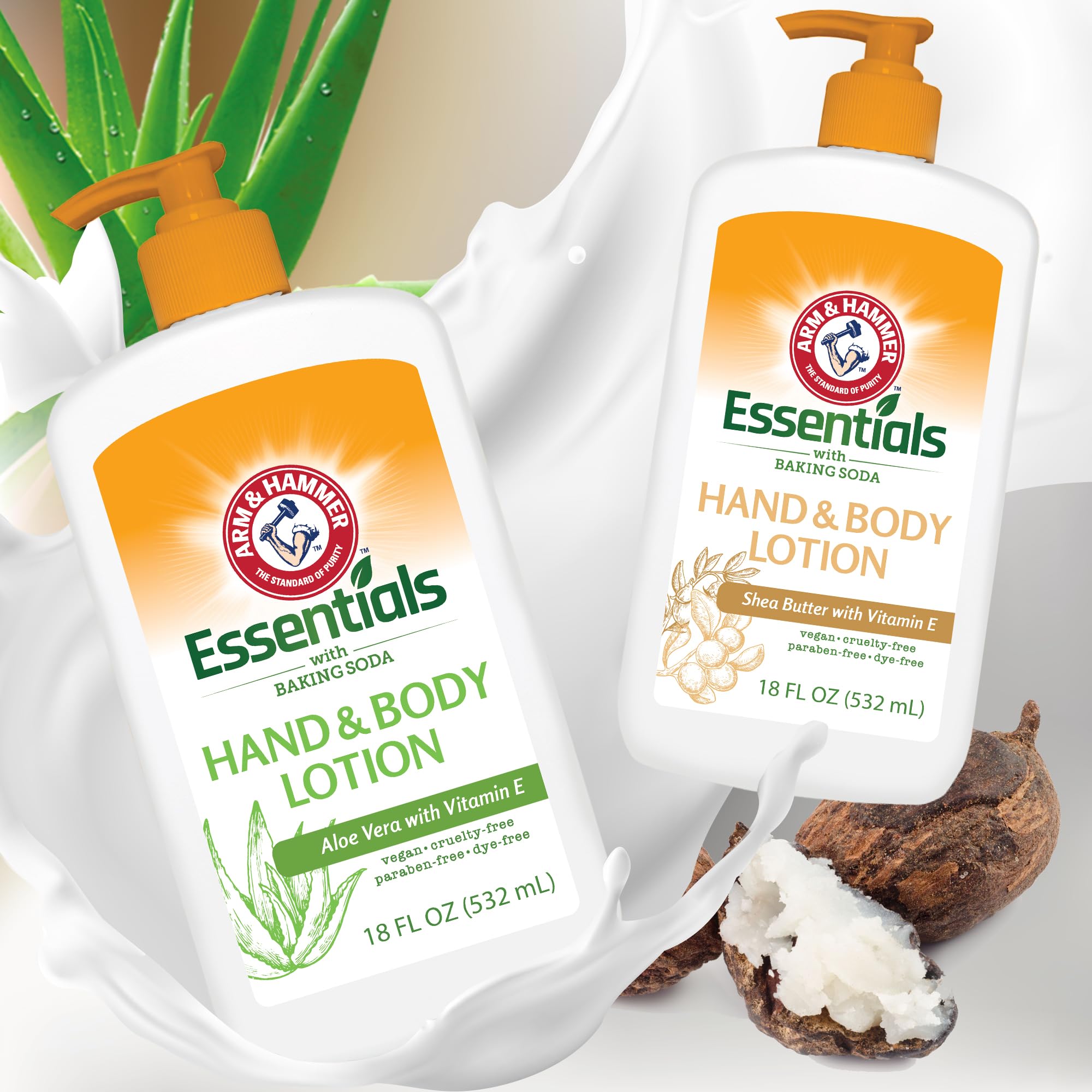 Hand applying Arm & Hammer Essentials lotion for moisturized skin.