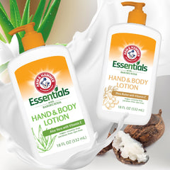 Hand applying Arm & Hammer Essentials lotion for moisturized skin.