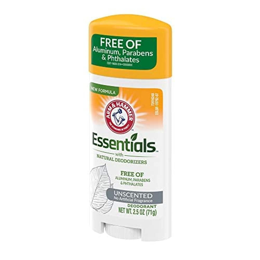 Arm & Hammer Essentials Unscented Deodorant in oval container for all-day freshness.