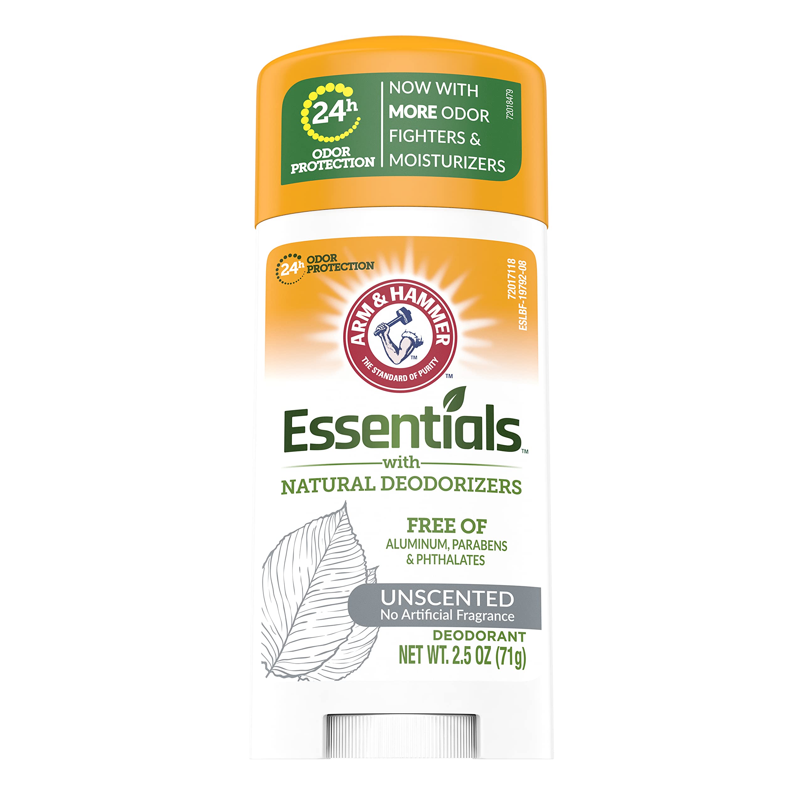 Arm & Hammer Essentials Unscented Deodorant on display shelf for everyday freshness.