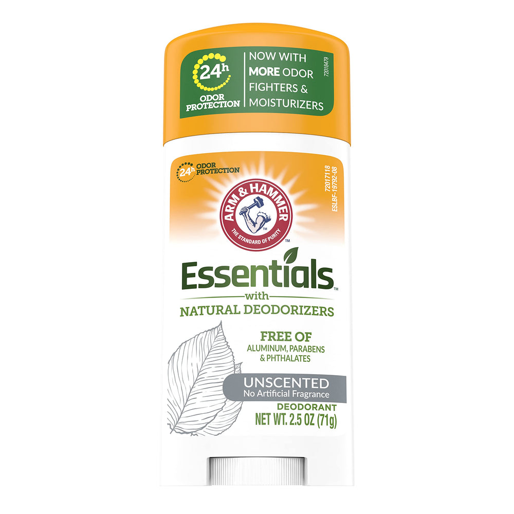 Arm & Hammer Essentials Unscented Deodorant on display shelf for everyday freshness.