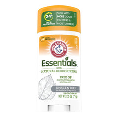 Arm & Hammer Essentials Unscented Deodorant on display shelf for everyday freshness.