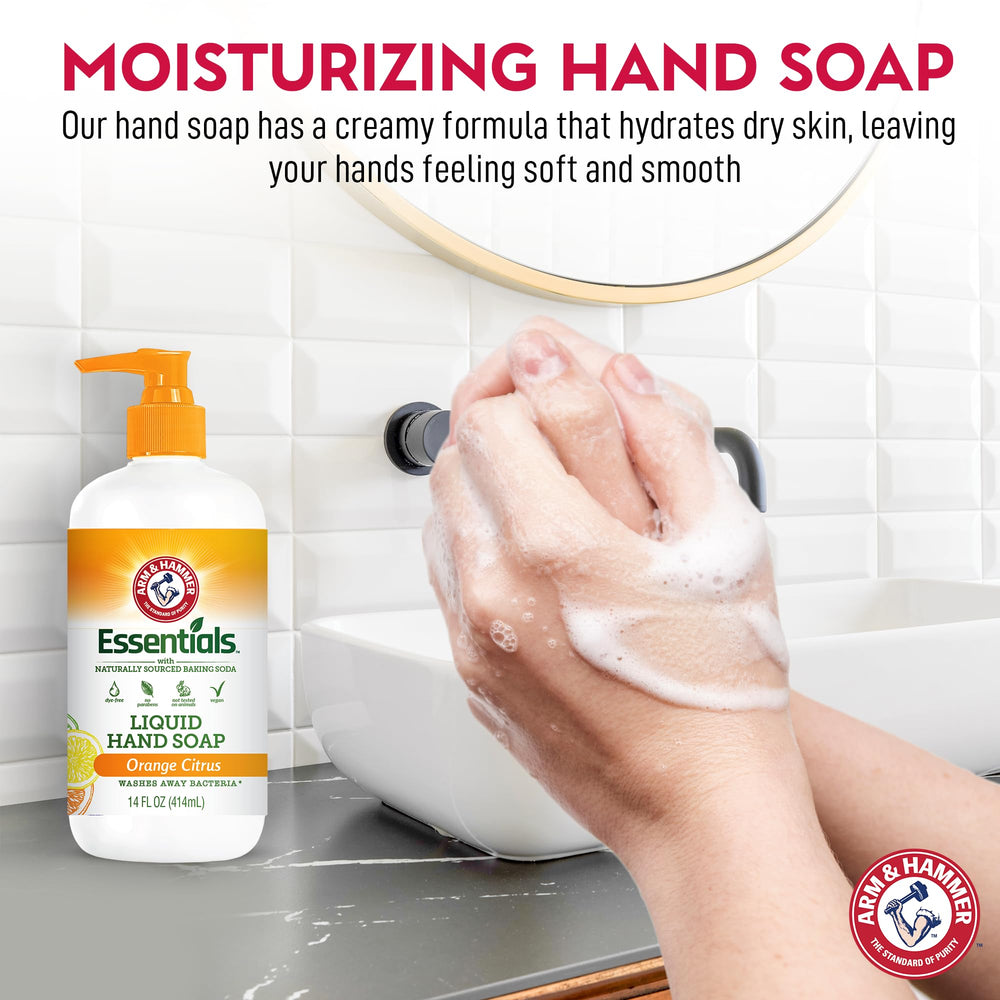14 oz bottle of Arm & Hammer soap ready for kitchen and bathroom use.