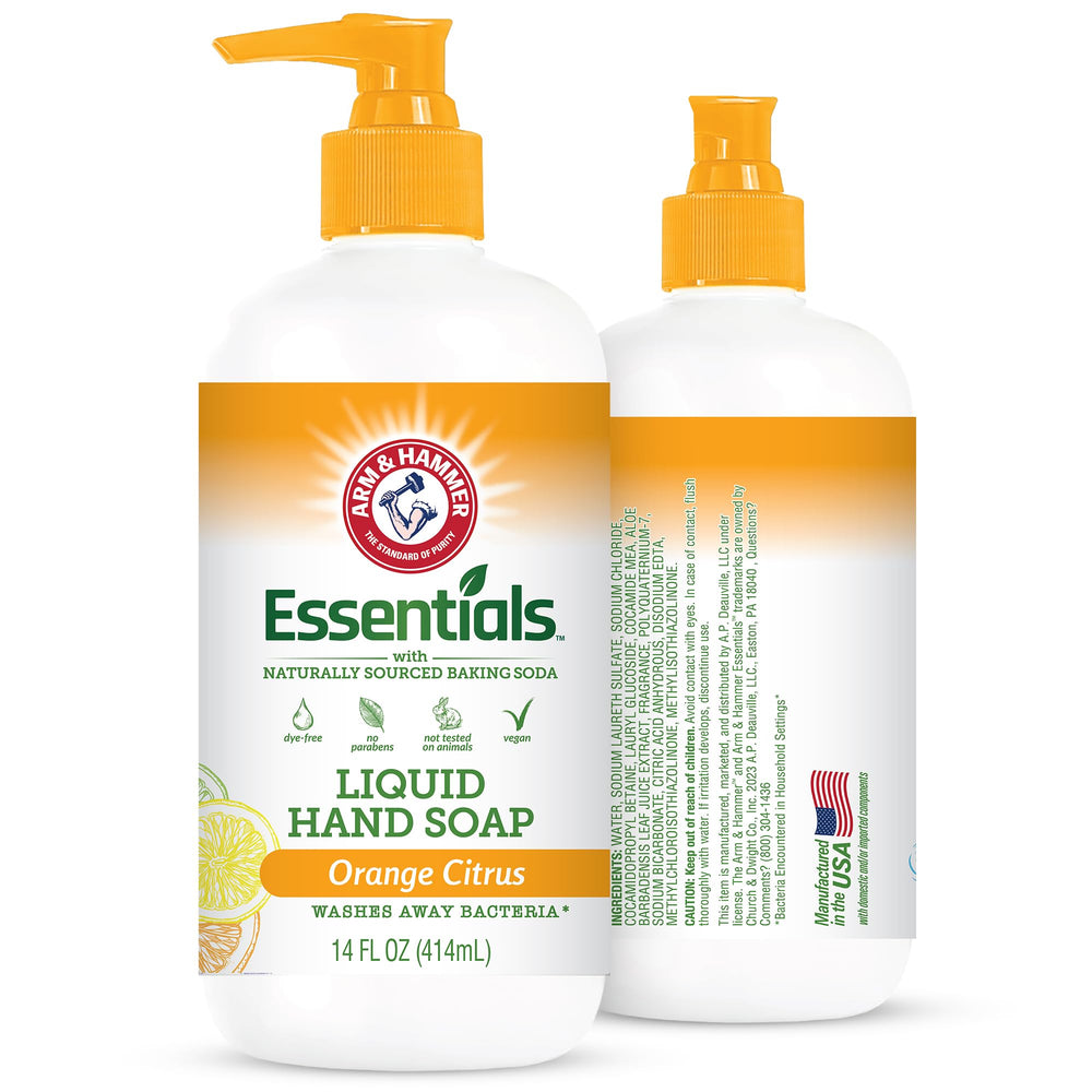 Arm and Hammer liquid hand soap bottle pouring with orange citrus scent for kitchen and bathroom.