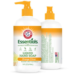 Arm and Hammer liquid hand soap bottle pouring with orange citrus scent for kitchen and bathroom.