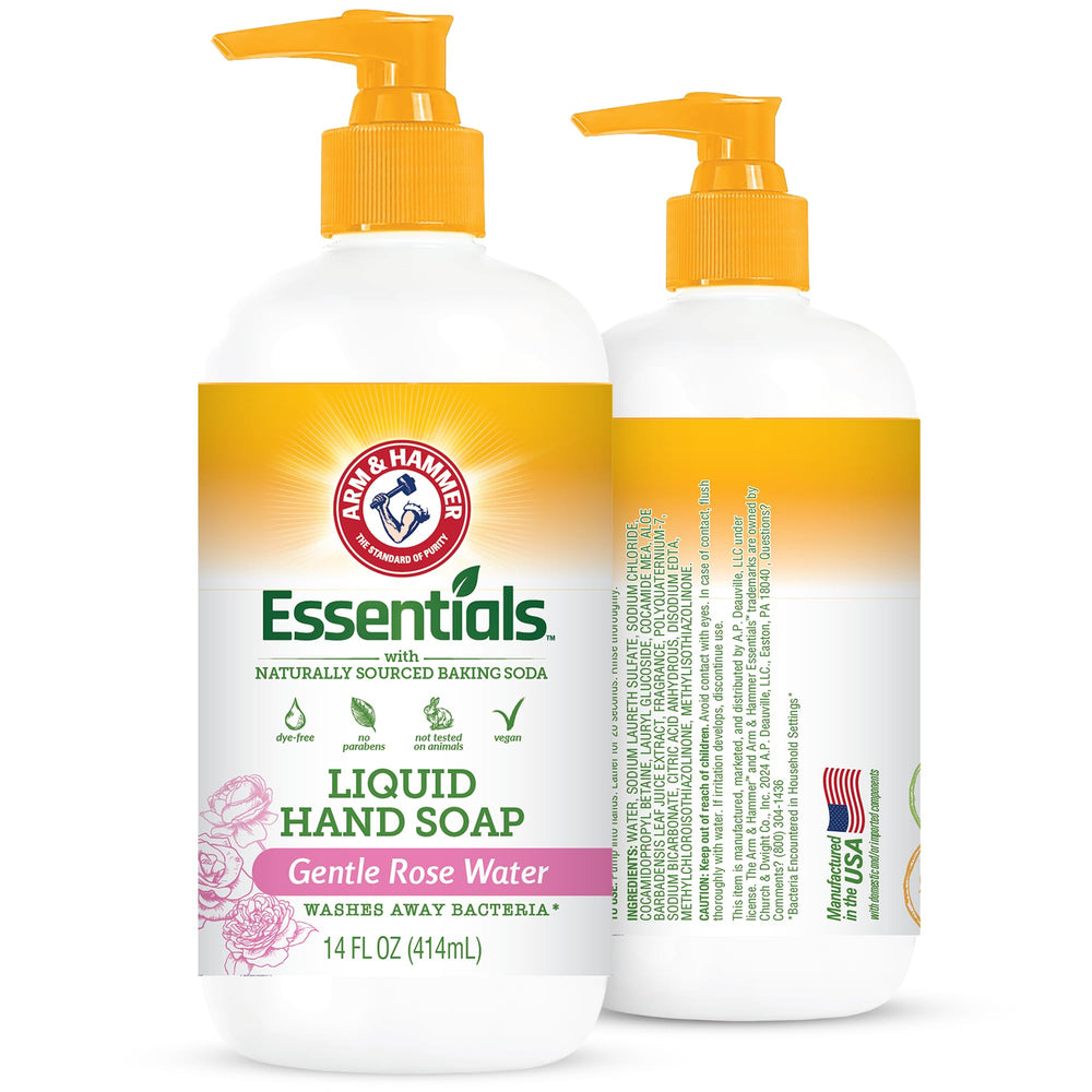 Arm & Hammer liquid hand soap rose bottle for gentle cleansing at the sink.