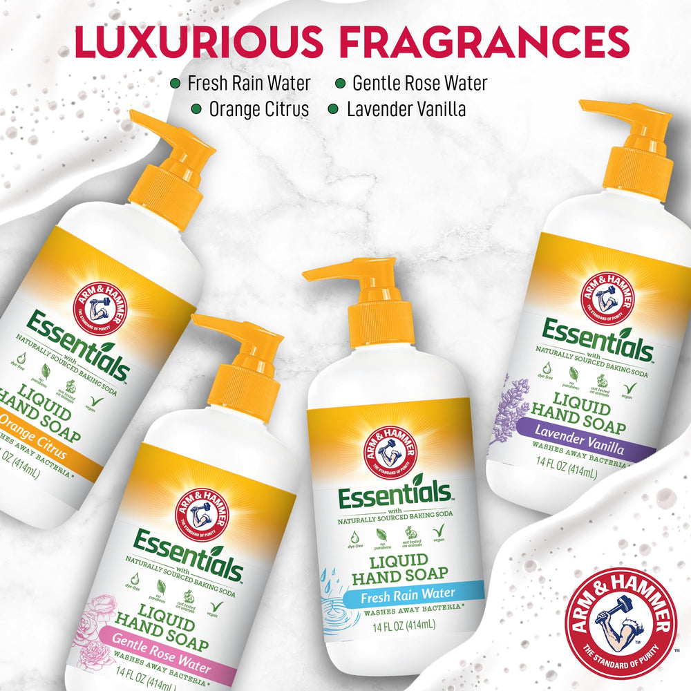 Arm & Hammer soap label highlights organic ingredients and skin-softening properties.