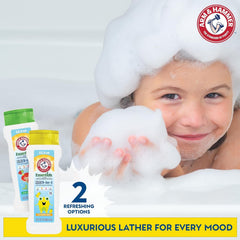 Arm & Hammer Sea Monster Mango bath time moment fosters easy shampoo and conditioning in one step.