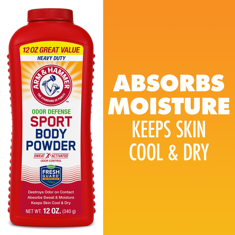 Arm & Hammer Sport Body Powder dries skin for a comfortable feel after shower.