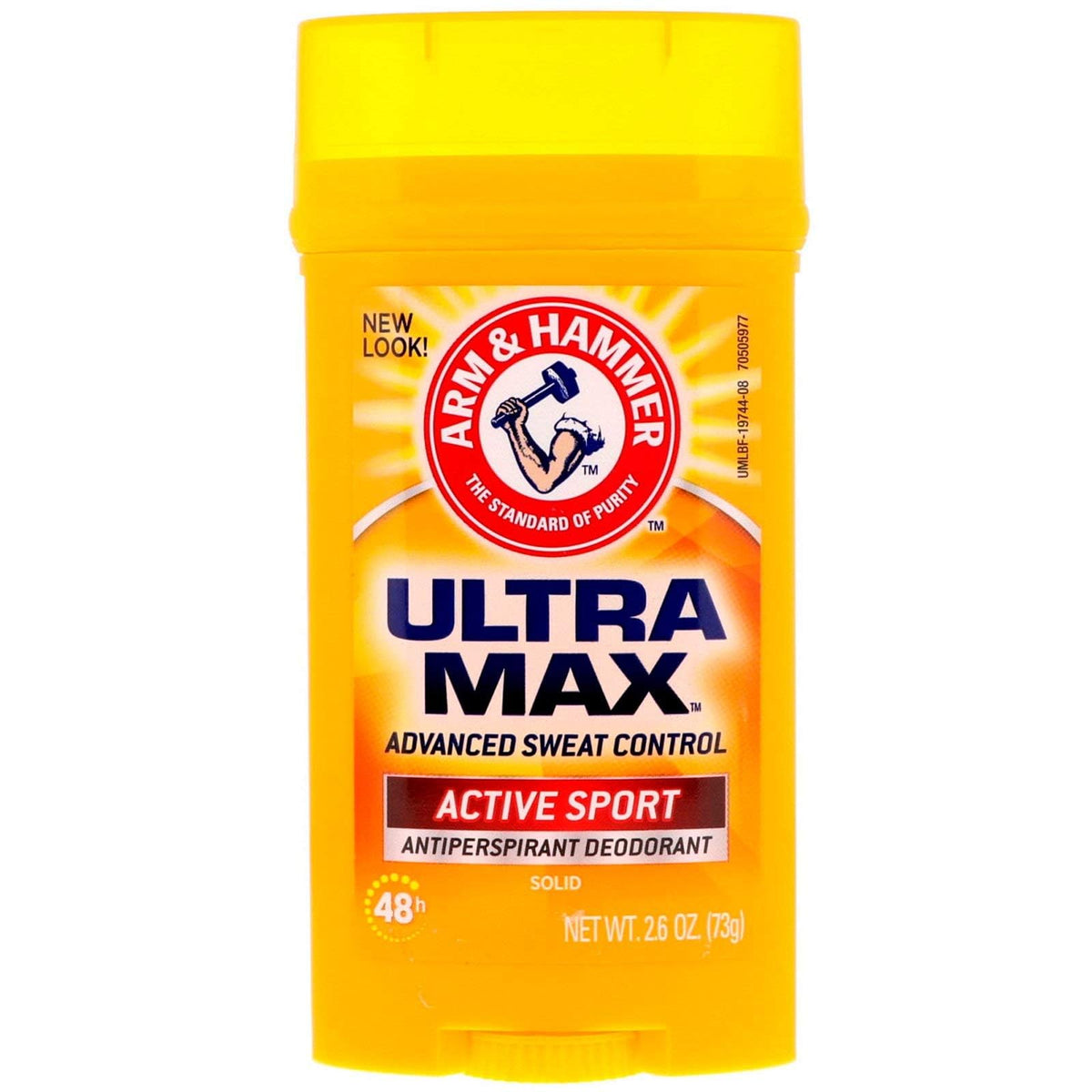Arm & Hammer Ultramax Active Sport deodorant stick close-up showing invisible solid formula for no white residue.