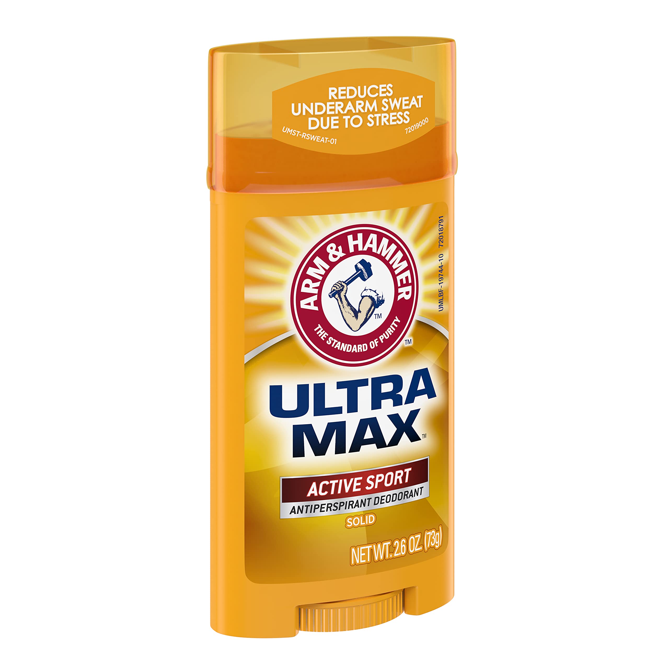 Arm & Hammer UltraMax Active Sport label close-up showing strength and fragrance
