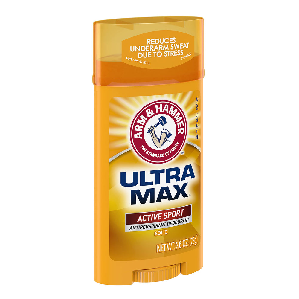 Arm & Hammer UltraMax Active Sport label close-up showing strength and fragrance