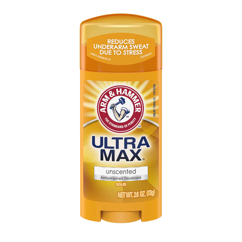 Arm & Hammer Ultramax unscented anti-perspirant stick offering long-lasting protection.