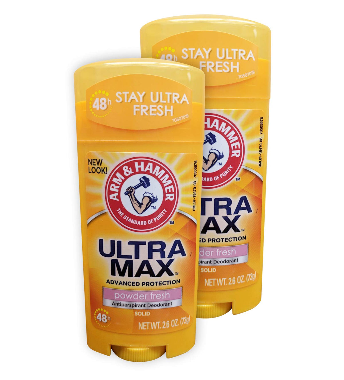 Arm & Hammer Ultramax invisible solid powder fresh 2-pack front label for all-day protection.