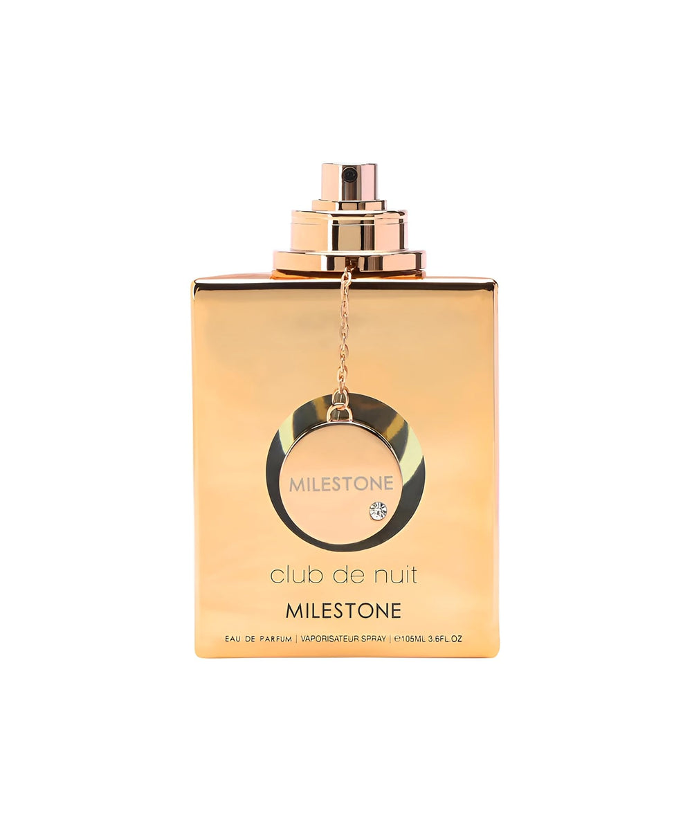 Armaf Club De Nuit Milestone label closeup, signals authenticity and quality.
